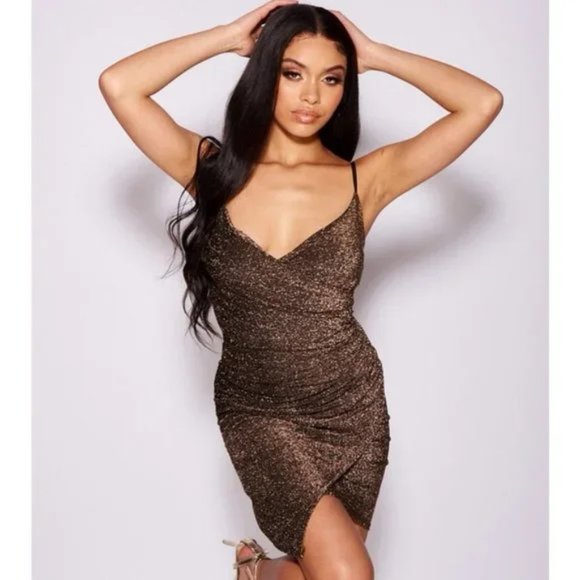 Metallic Glitter Sleeveless V-Neck Ruched Wrap Bodycon Mini Dress - Picture 7 of 13
